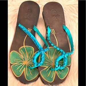 Diba Turquoise leather and beaded sandals, leather soles size 7.5. Dressy flats